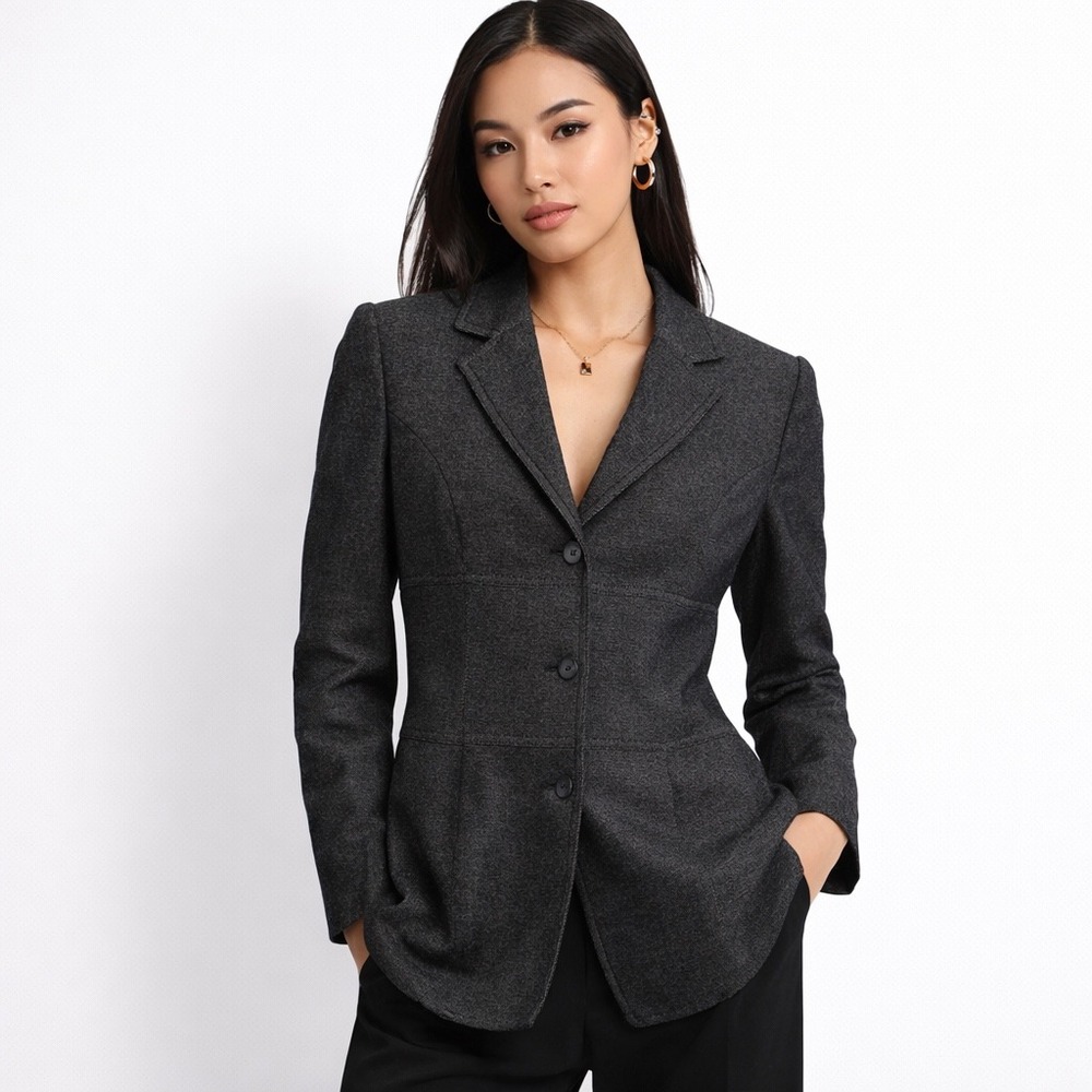 Express Women Tailored 3/4 Button Blazer Jacket Gray Stretch Lined Office Chic‎